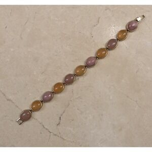 Vintage Monet Gold-tone Tennis Bracele Pink & Orange Cabochon Stones 7"